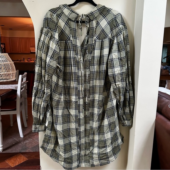Free People Tunic Wild Side Plaid Tie Back Slouchy Oversized- Size Small - Picture 5 of 7